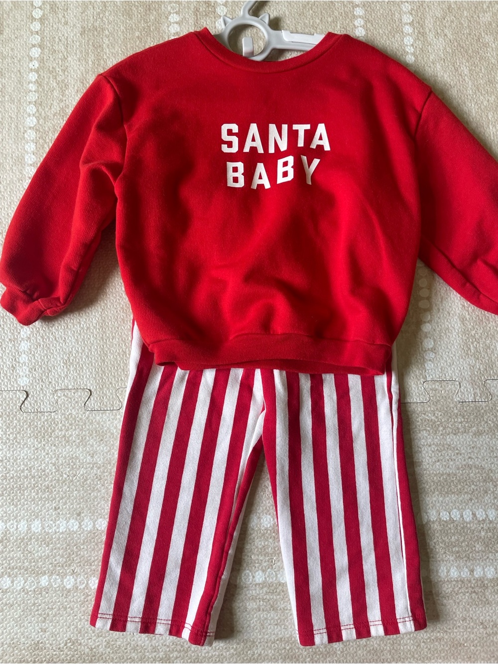 Cat & Jack Red and White Striped Holiday Pants with Santa Baby Pullover